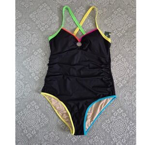 Blooming Jelly Womens XL One Piece Swimsuit Black Neon Ribbed Ruched New